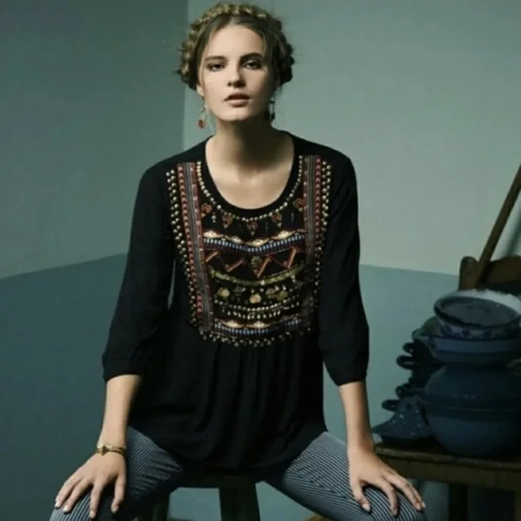 Anthropologie HD in Paris Ari peasant boho embellished blouse gauzy light 10 - Picture 3 of 6